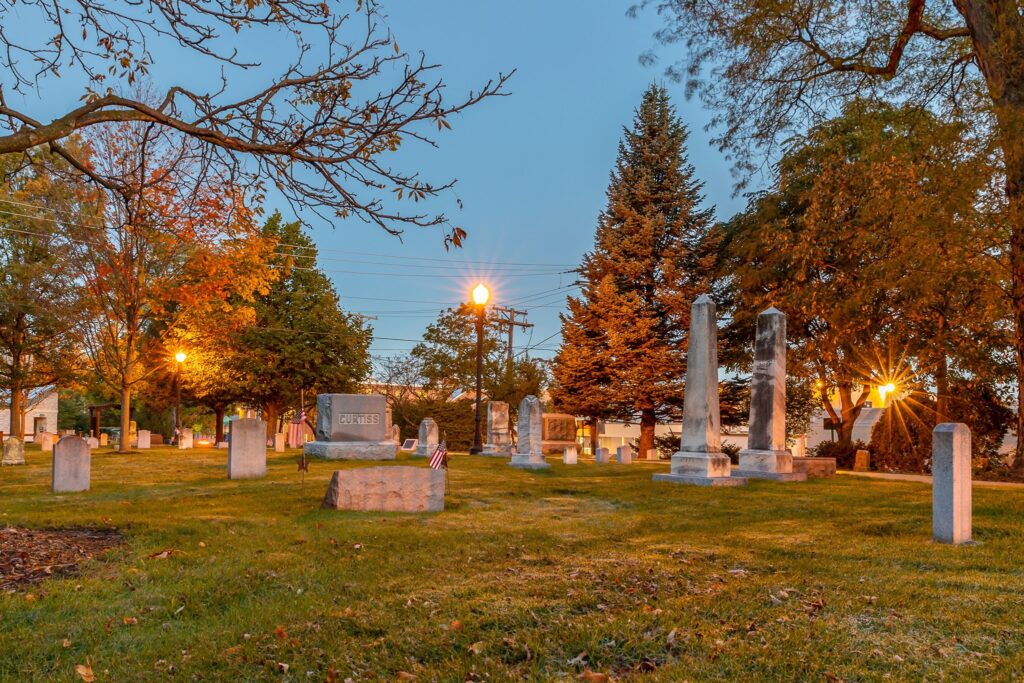 Main Street Cemetery at dusk
