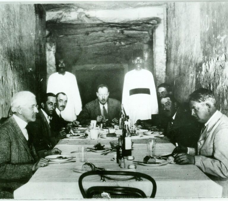 James Breasted (first man on left) dining in the tomb of King Tutankhamun (King Tut).